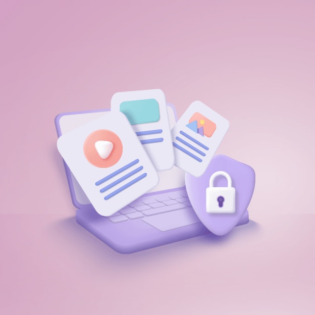 Lock, video and message icons on the computer mockup