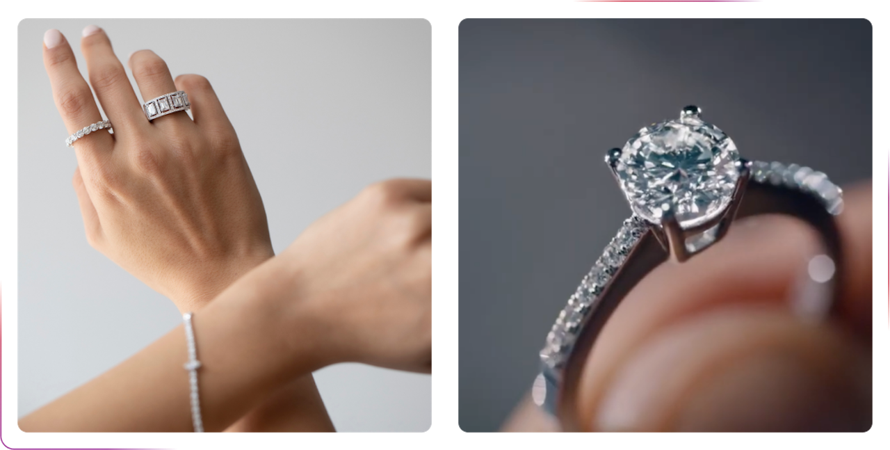 hand wearing silver jewelry and silver ring with diamond