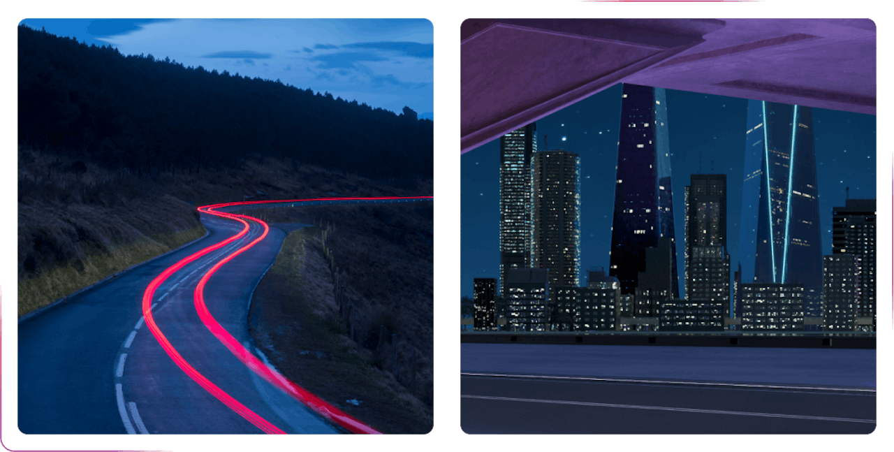 road by night and big city with illuminated buildings