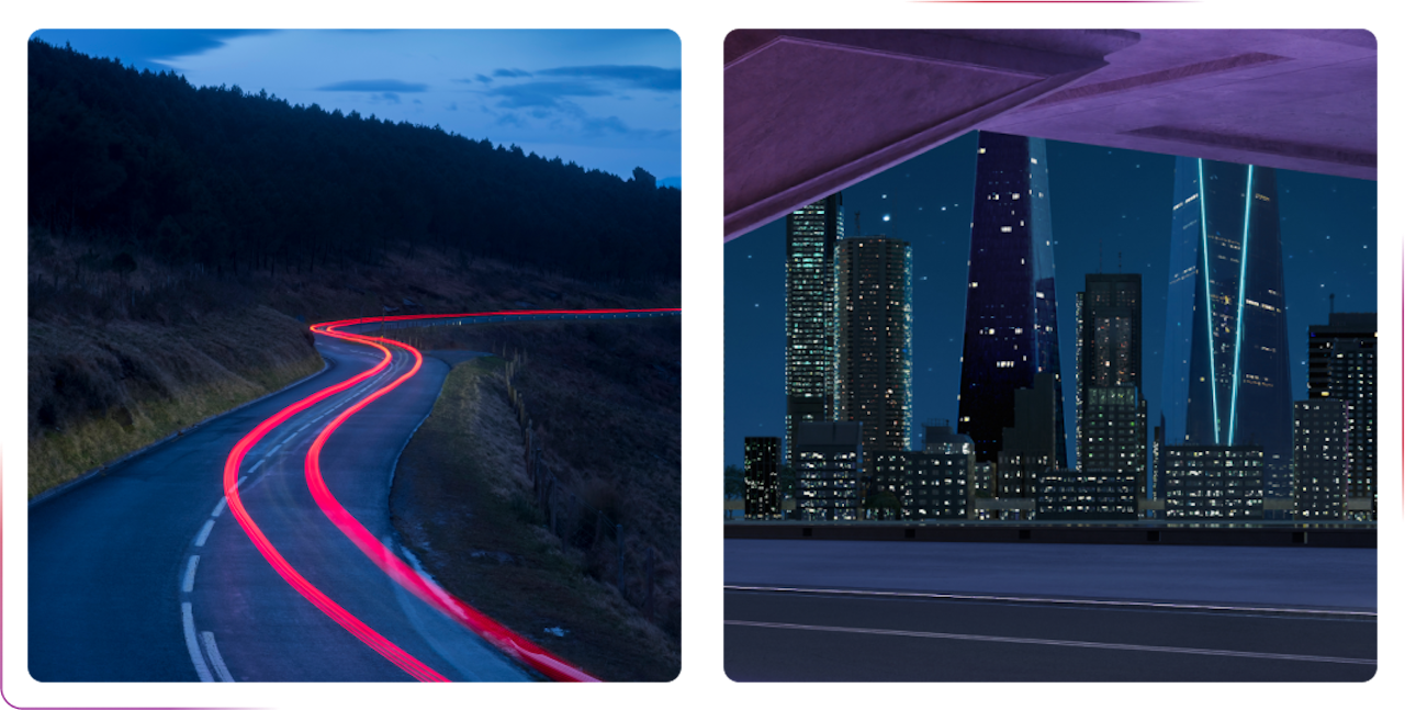 road by night and big city with illuminated buildings