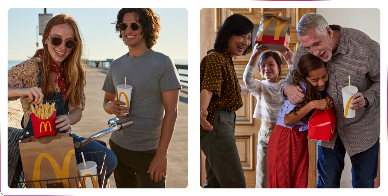 young couple outside eating mcdonalds and family having fun with mcdonalds smiling