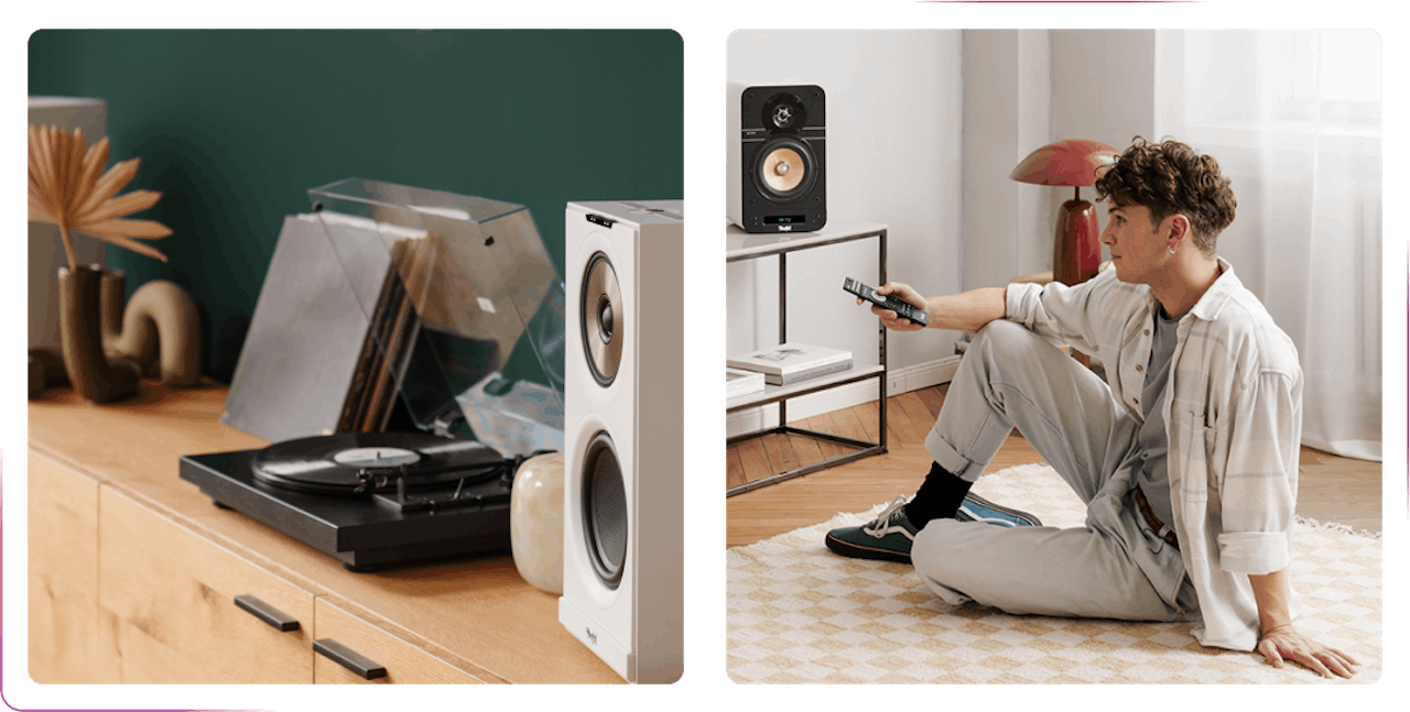 view on the speaker and young boy sitting on the floor using spekaer