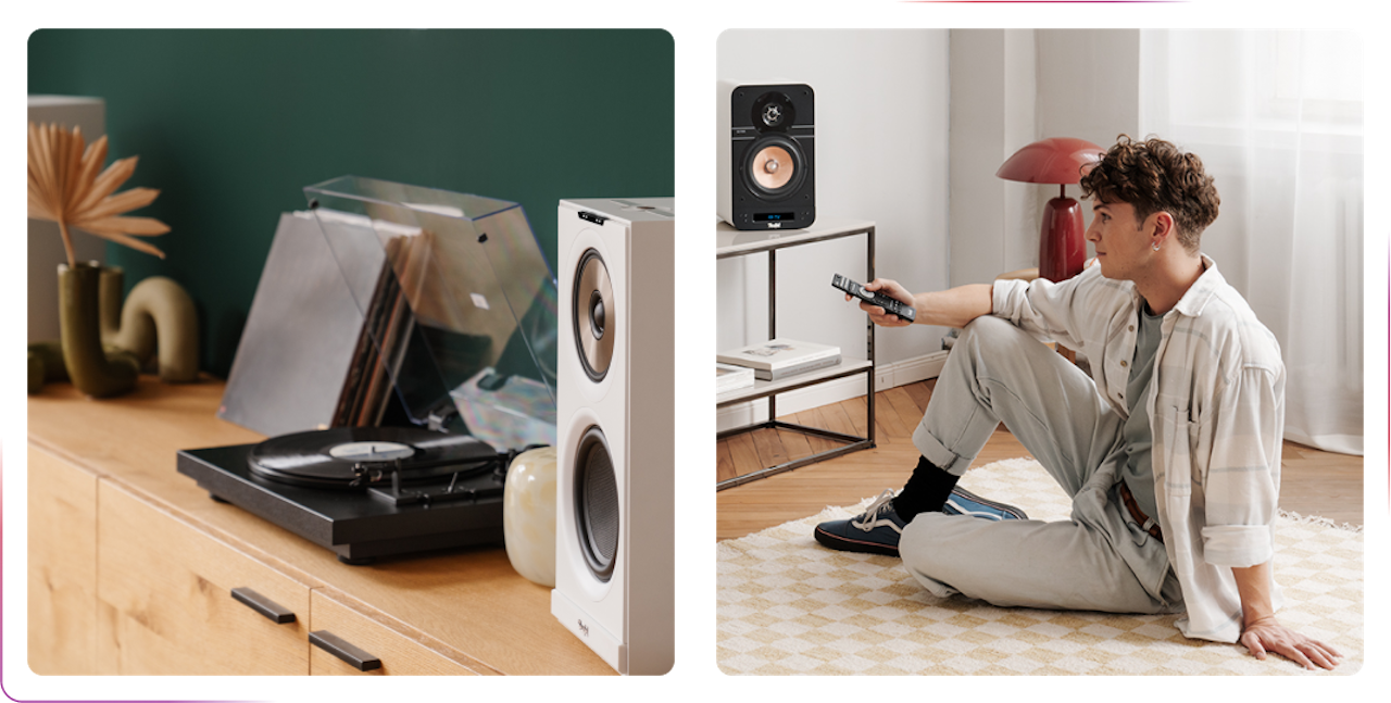 view on the speaker and young boy sitting on the floor using spekaer