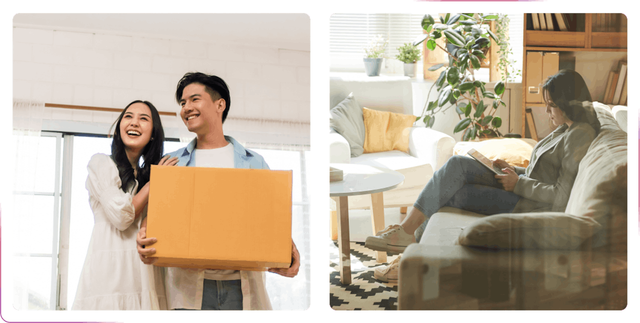couple smiling and holding a box, young girl using phone