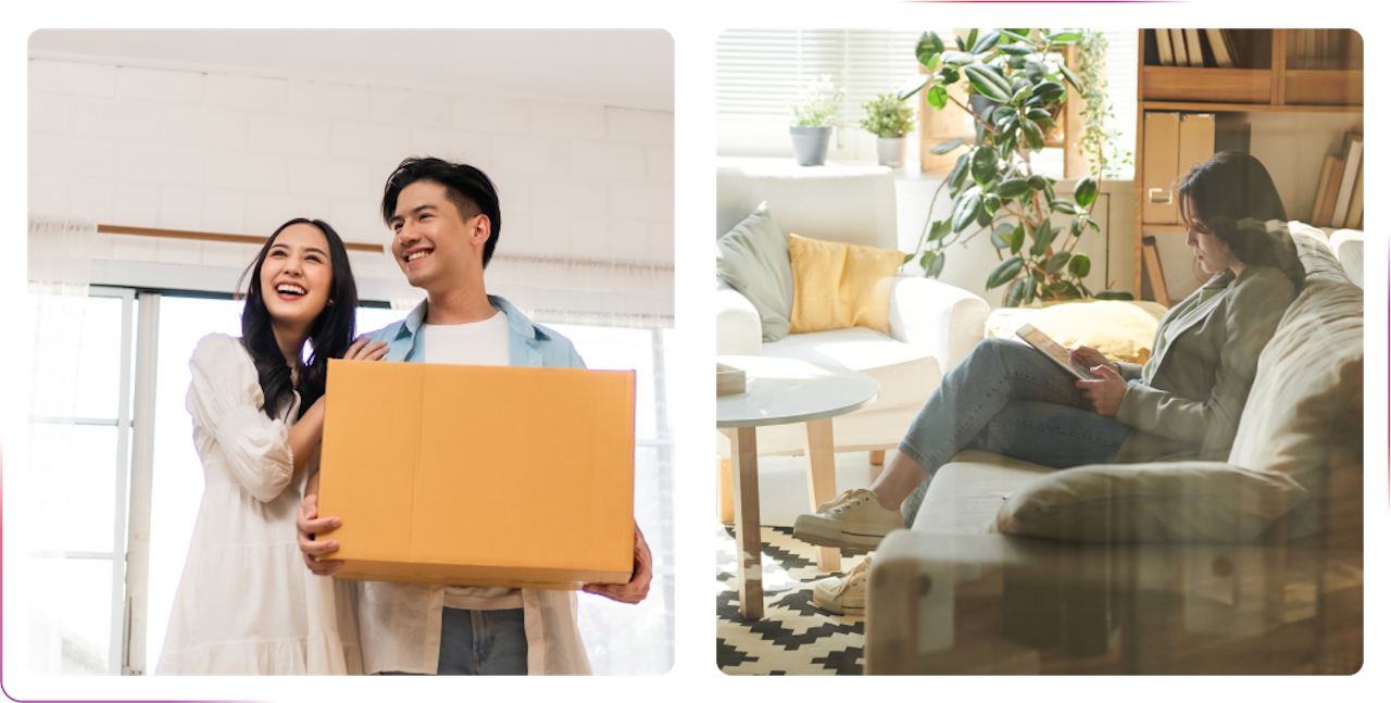 couple smiling and holding a box, young girl using phone