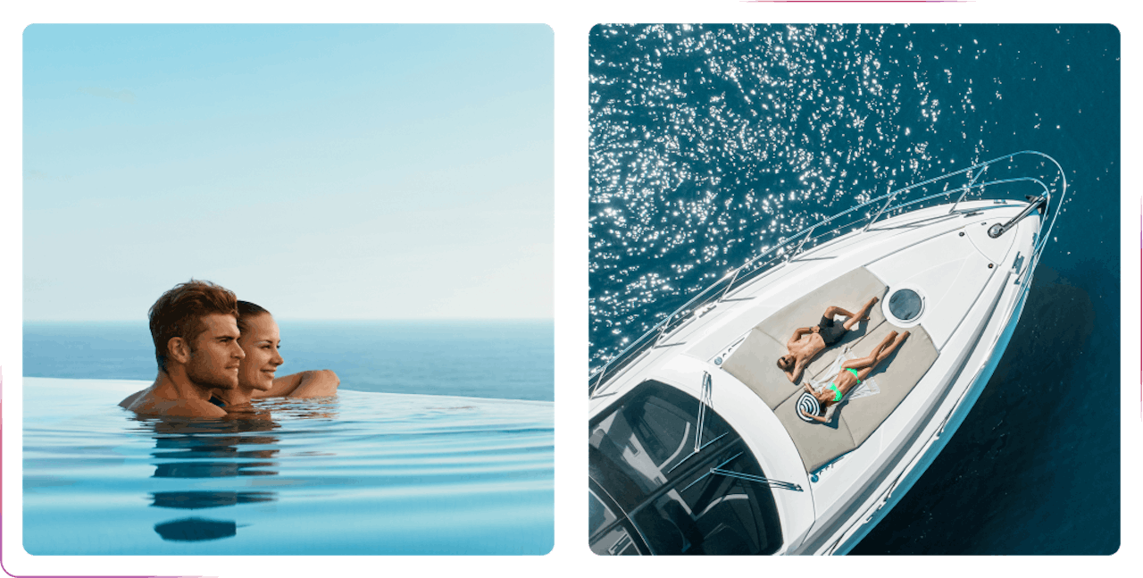 A couple in the water and sunbathing at the boat