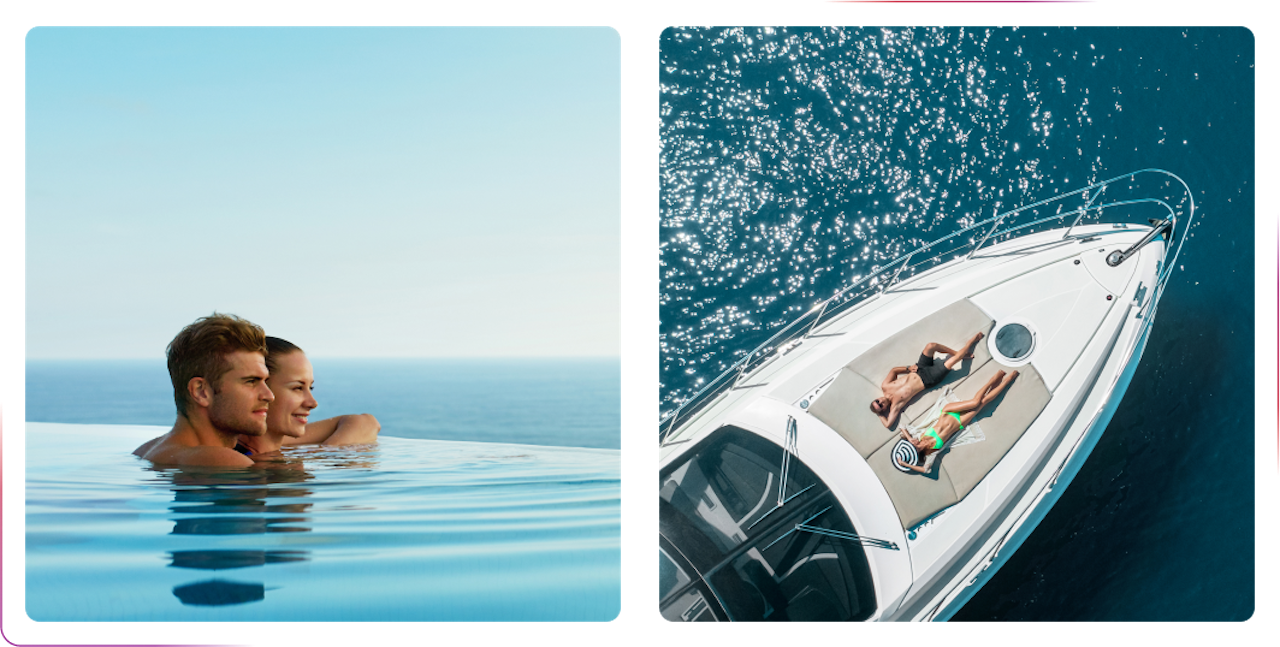 A couple in the water and sunbathing at the boat