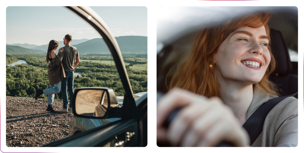 couple standing next to the car and smiling girl driving a car