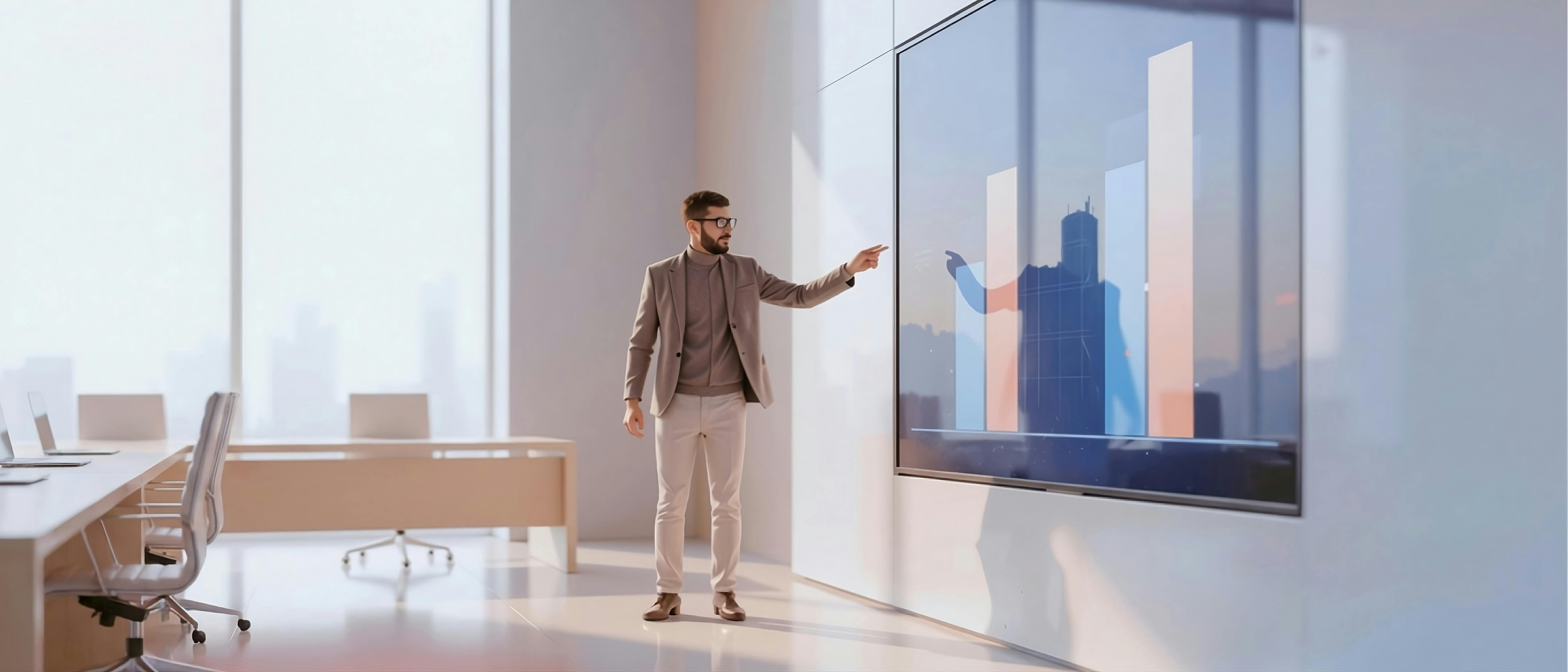 a young man discussing and pointing at data on the board