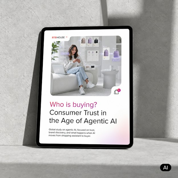 Tablet displaying RTB House's report cover on consumer trust and agentic AI's impact on holiday shopping.