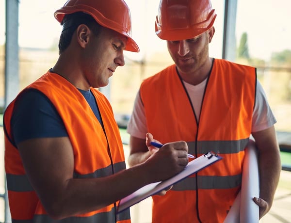 Peninsula Group Limited - Two workers in hard hats and hi-vis jackets checking their documentation on a clipboard