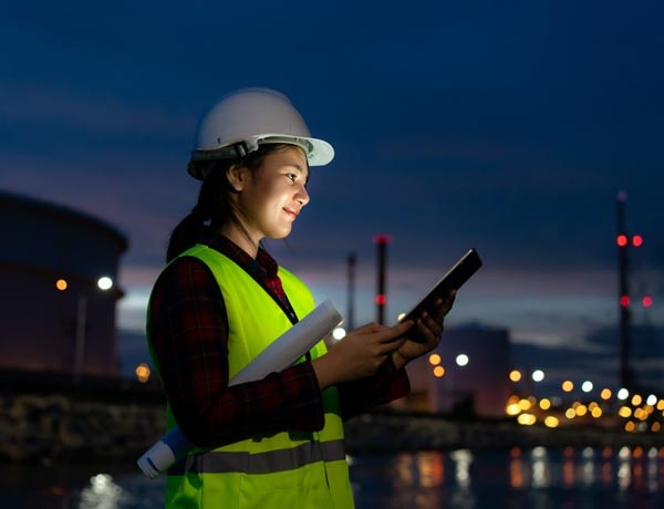 Peninsula Group Limited - An employer using their computer tablet to while on a building site at night