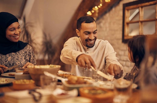 A Muslim family enjoying an iftar meal during Ramadan