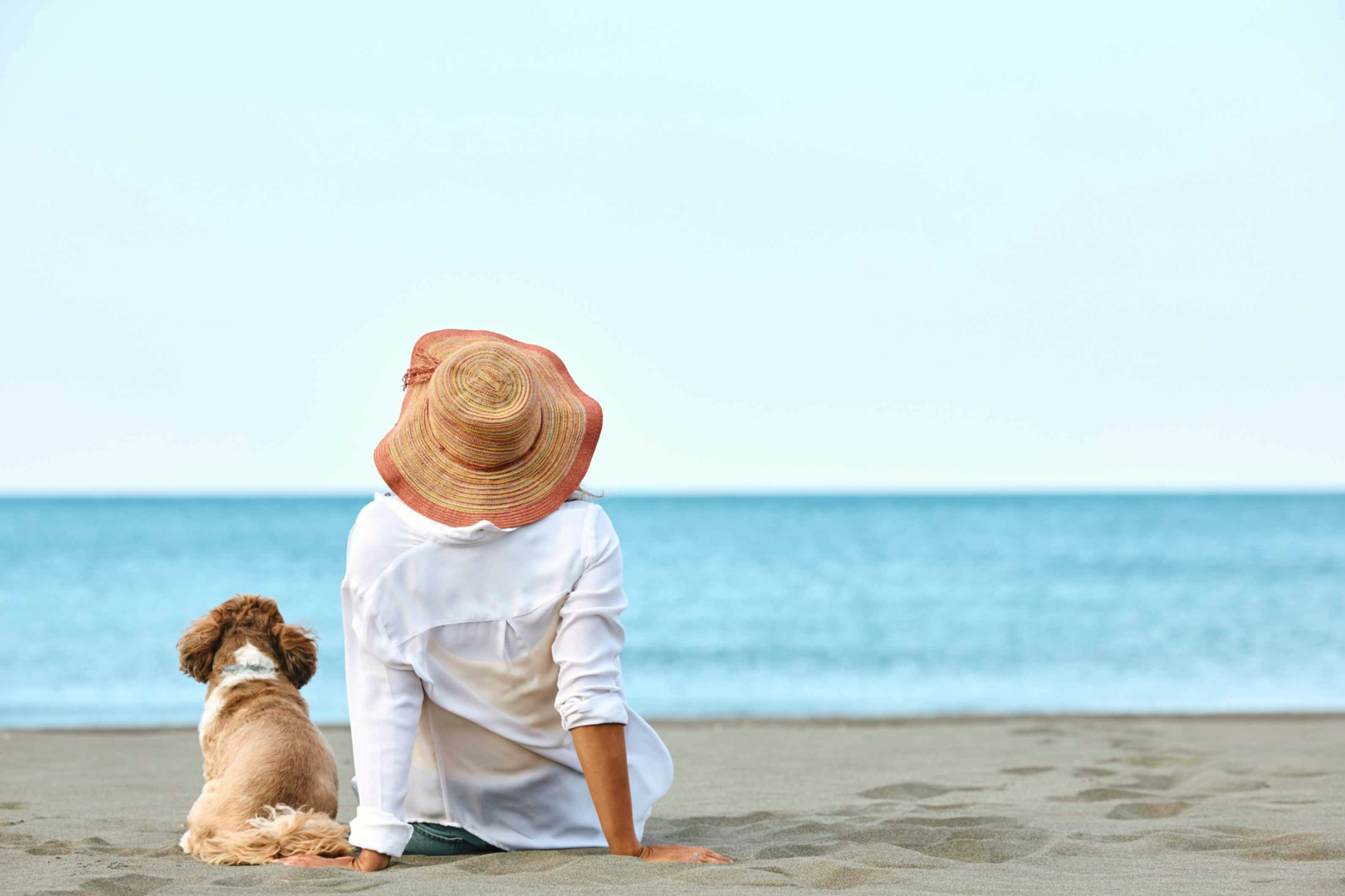 a man and dog at the beach