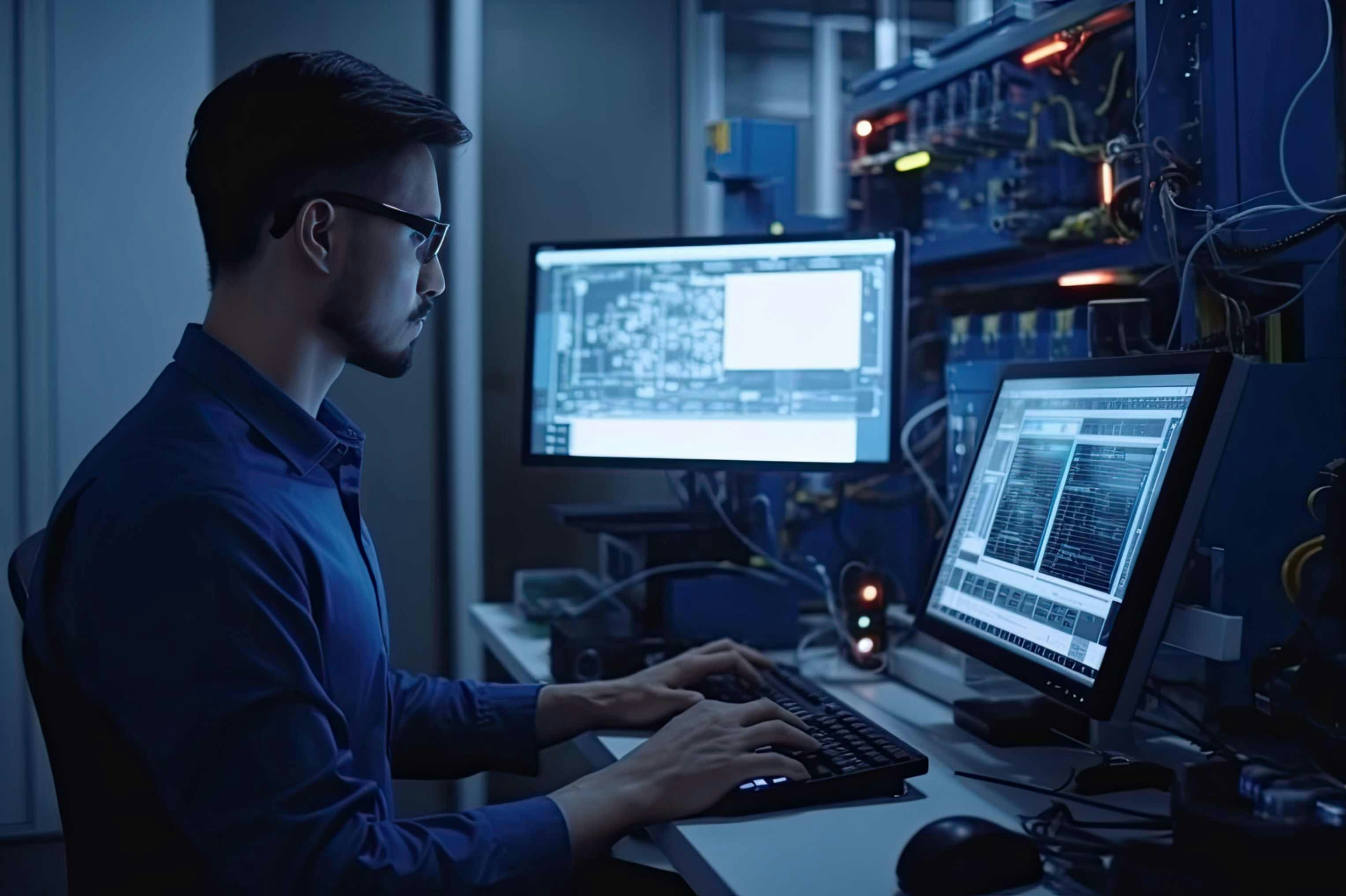 A man working at a desk with two screens