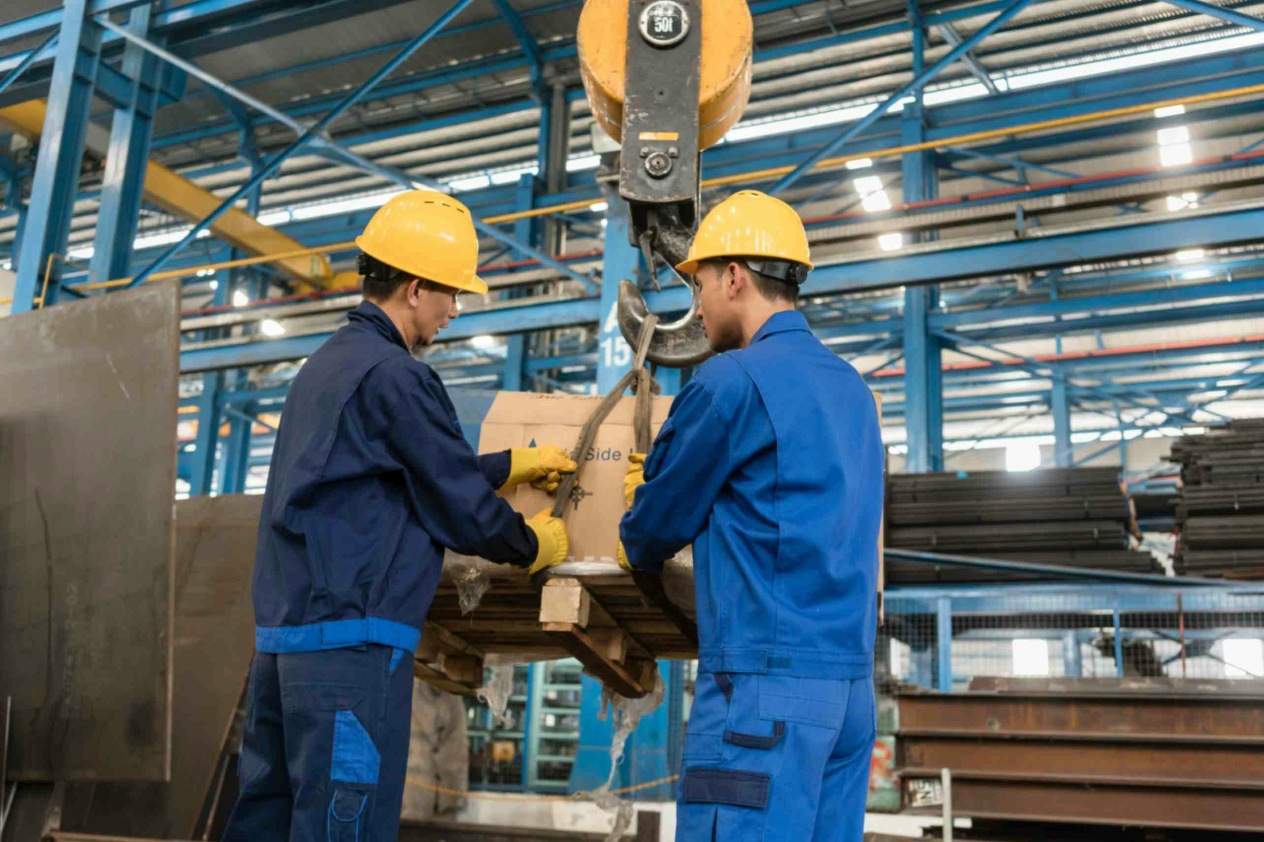 Two men in helmets looking at a piece of machinery