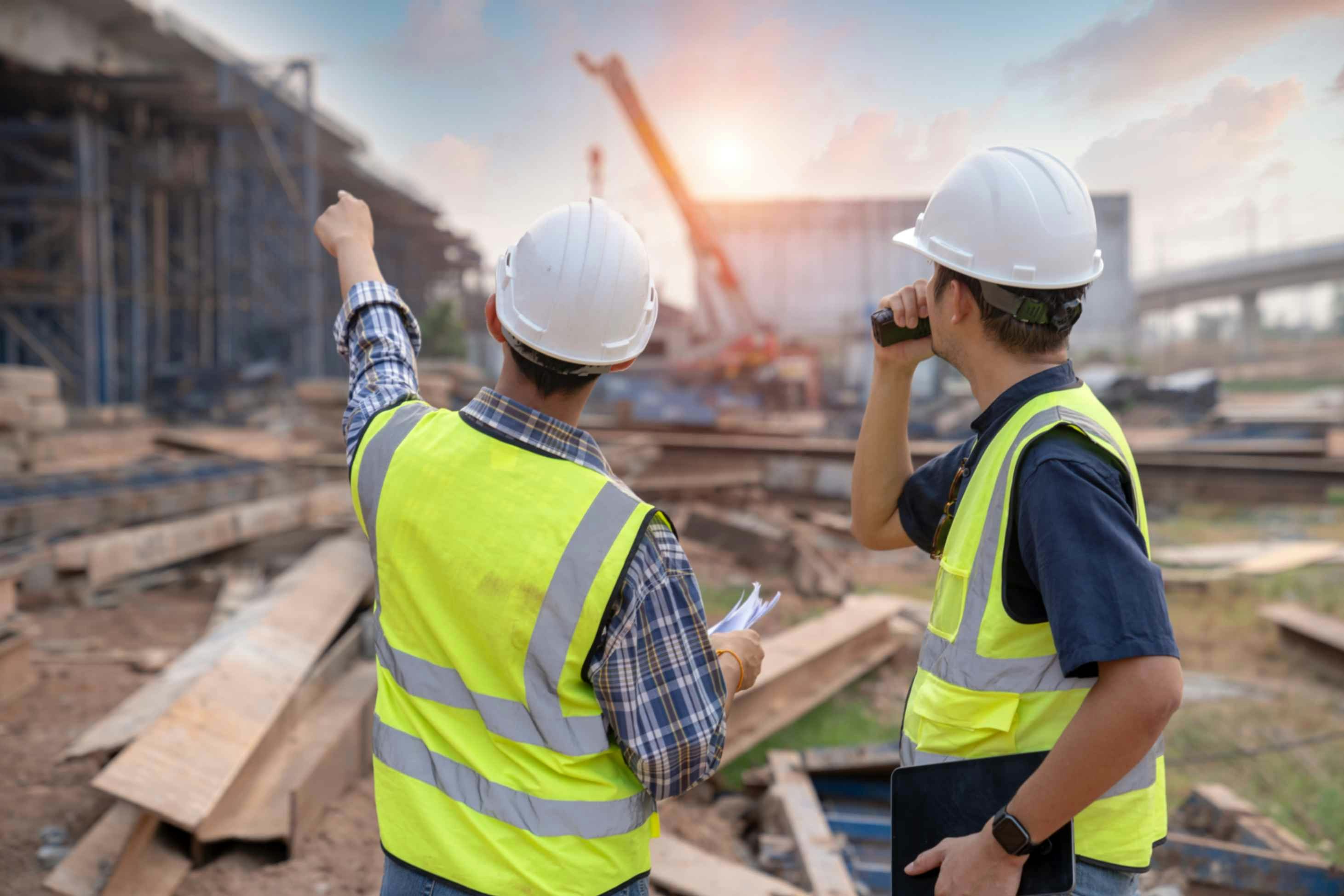 two men in hard hats looking at a building