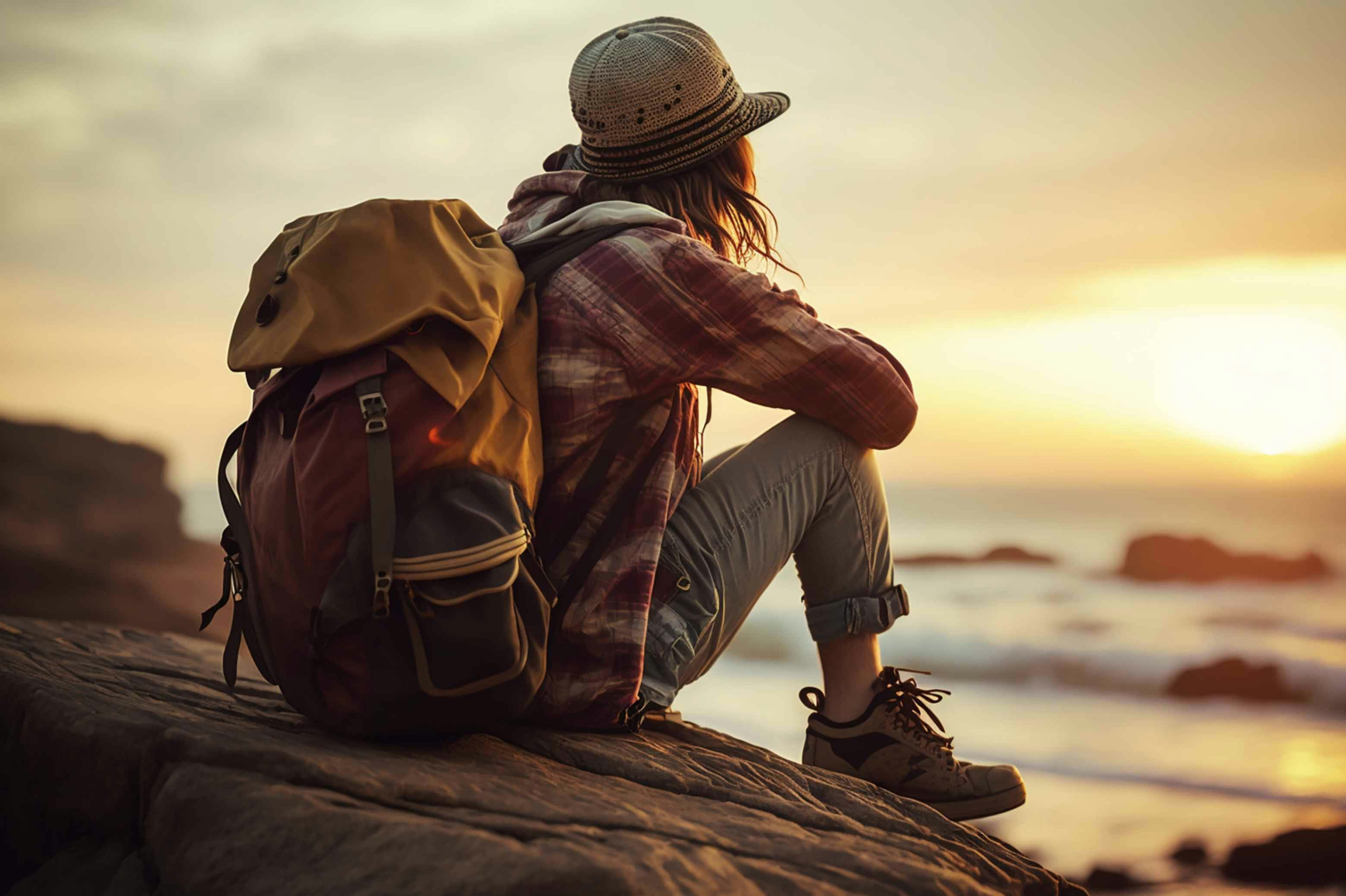 a woman sat on a cliff with a sunset