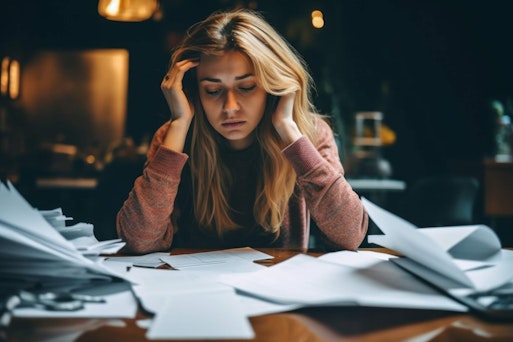 a woman looking stressed at a desk with paperwork in front of her