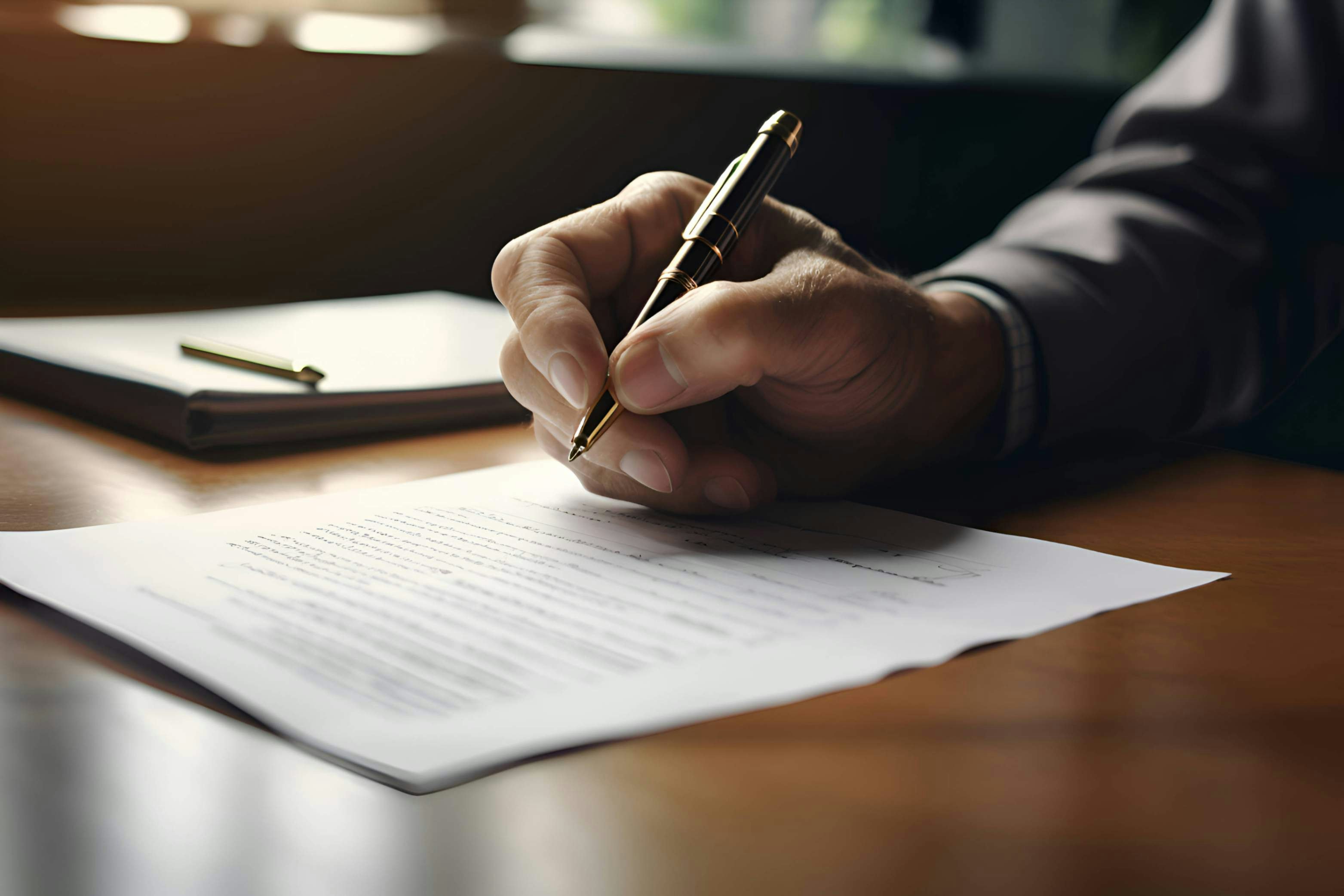 a person writing on paper on a desk