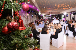 christmas tree and guests in background