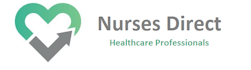 A company logo featuring a grey and green heart that integrates an arrow. It says 'Nurses Direct, Healthcare professionals'