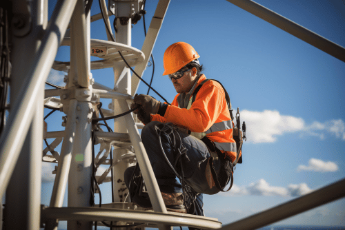 telecommunications technician on telephone pole