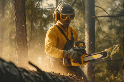 Man cutting tree with electric saw