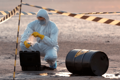 worker in PPE handling hazardous product