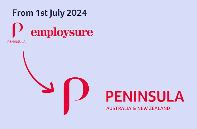 Arrow pointing from employsure logo to Peninsula logo labelled Australia and New Zealand