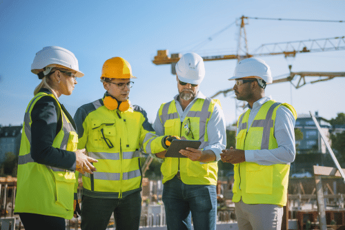 toolbox talk meeting with construction workers