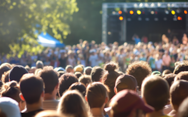 A crowd of people in an outdoor entertainment space, a stage in background
