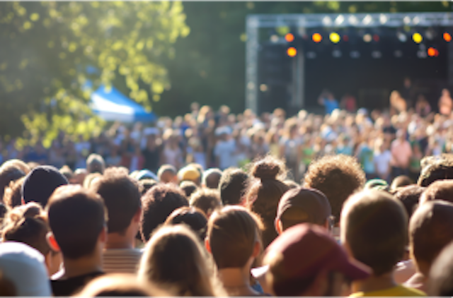 A crowd of people in an outdoor entertainment space, a stage in background