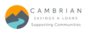 A company logo featuring an orange circle with grey mountains and a blue river, plus the wording  Cambrian Savings and Loans, supporting communities