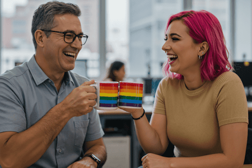 Two co-workers clinking pride-flag coffee mugs and laughing
