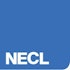 A logo, featuring a blue square with one curved edge and the text N E C L