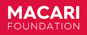 A red background with white wording saying Macari Foundation