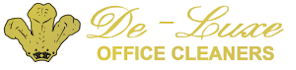 A company logo featuring gold swirly font spelling out De Luxe Office Cleaners
