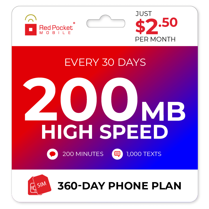 Red Pocket Mobile 1-Year + 200MB Monthly Data Prepaid Plan w/ SIM Card: $30