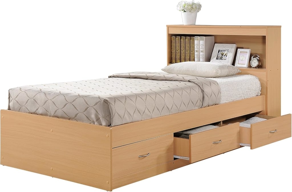 Hodedah Twin Size Wood Platform Bed w/ Bookcase Headboard: $189 Hodedah Twin Size Wood Platform Bed w/ Bookcase Headboard: $189