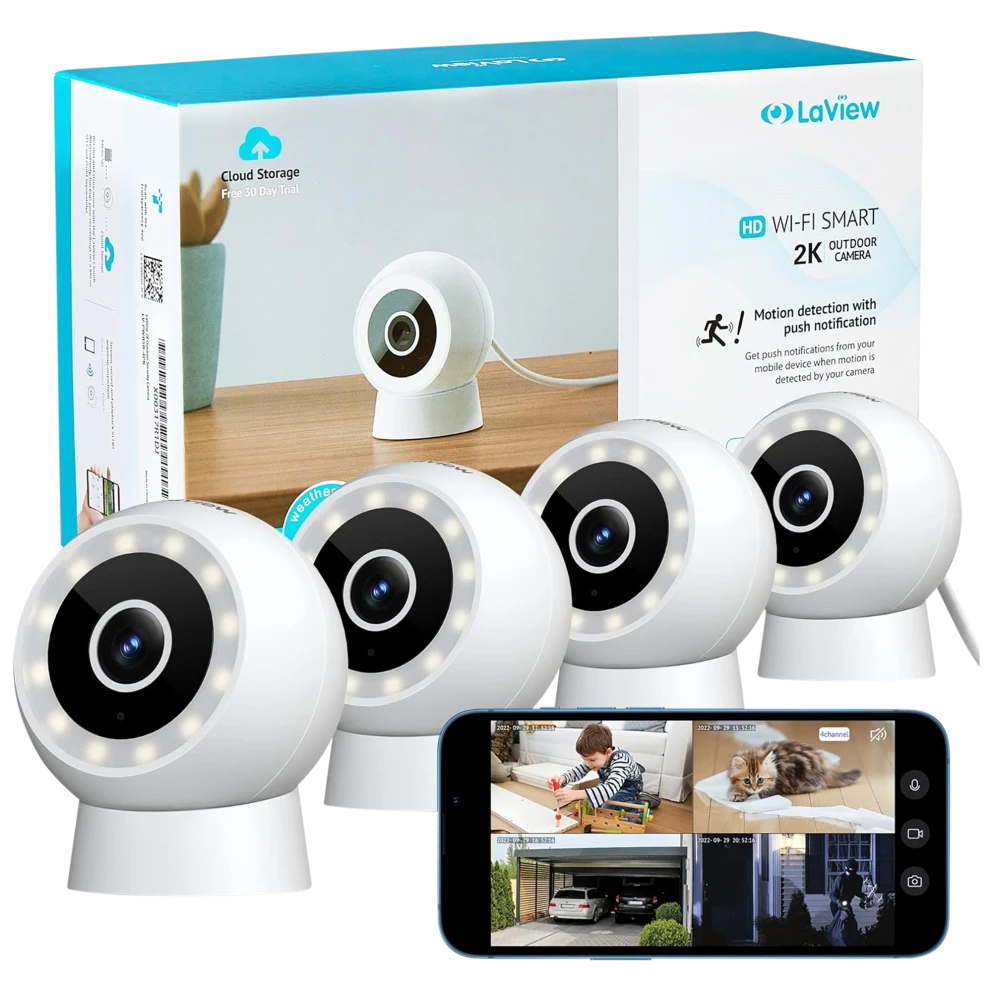 LaView 2K HD Indoor/Outdoor WiFi Smart Security Camera 4-Pack: $59.99