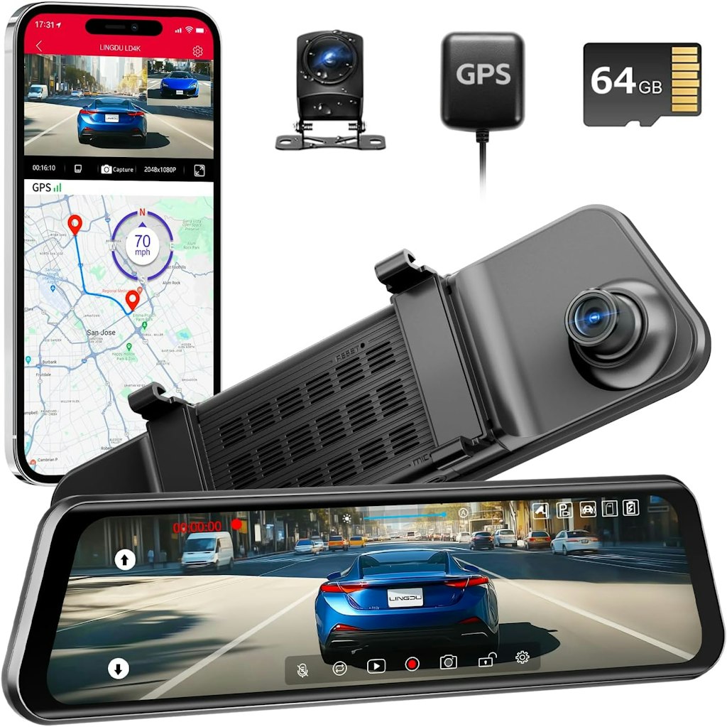 Lingdu 12" 4K UHD Front & Rear Mirror Dash Cam: $59.99