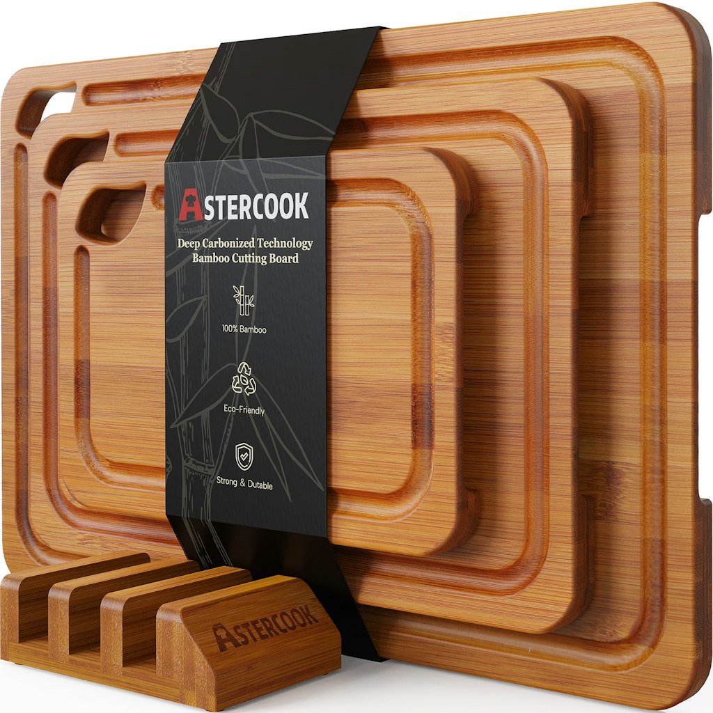 Astercook 3-Count Bamboo Cutting Board Set w/ Holder: $23