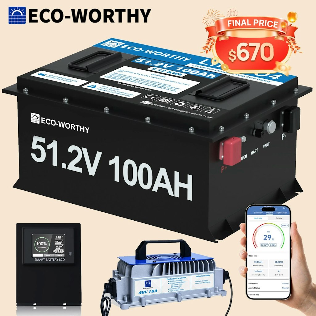 Eco-Worthy 48V 100Ah Golf Cart LiFePO4 Battery with Metal Case and 48V 18A Charger: $670