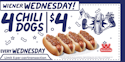 Wienerschnitzel Wiener Wednesdays for 4 chili dogs for $4 + in store