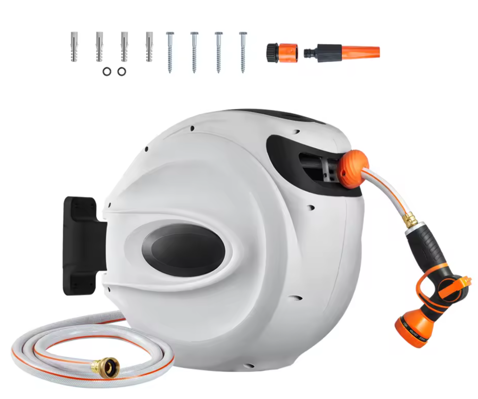 SucceBuy Wall-Mounted Retractable 50-Foot Hose Reel with 9-Pattern Nozzle: $50