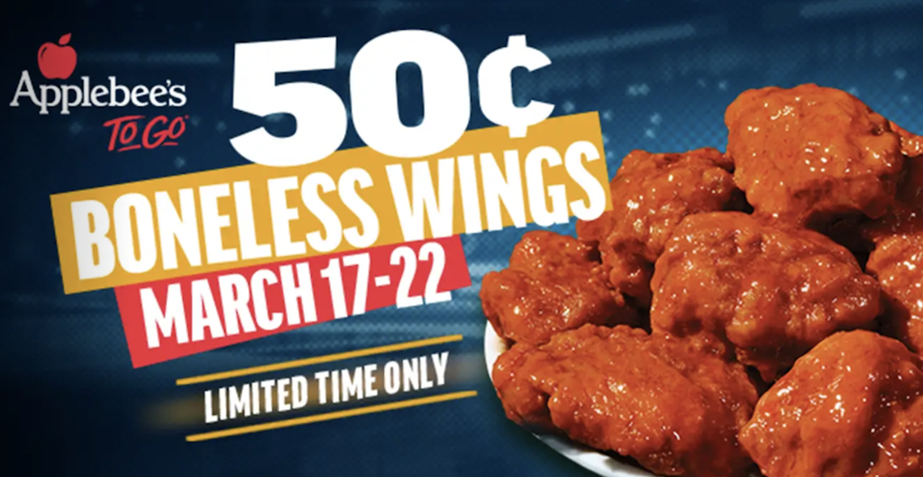 Applebee's Boneless Wings: 50 cents each