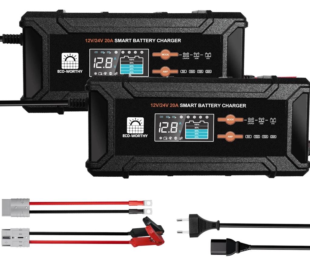 Eco-Worthy 12V/24V 20A LifePO4 Battery Charger 2-Pack: $76