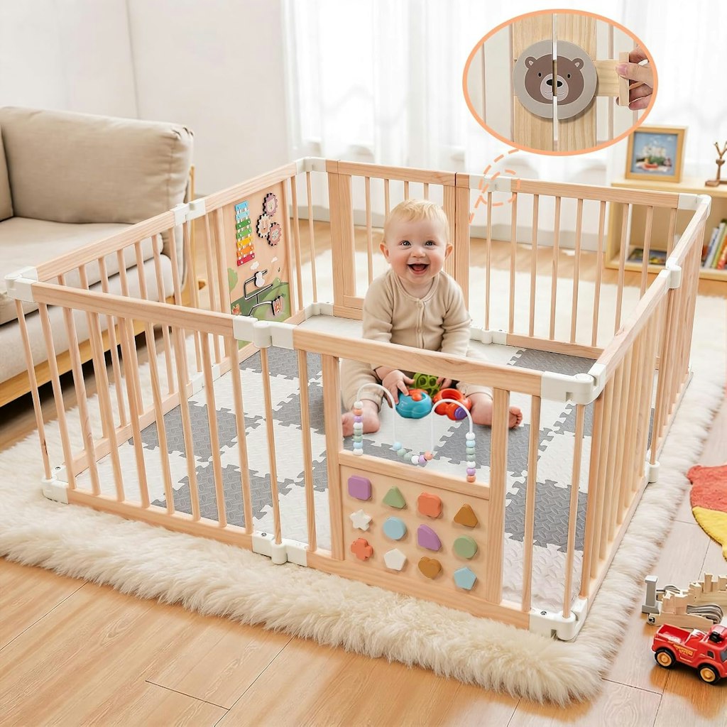 Foldable Wooden Baby Playpen with Mat: $85.79