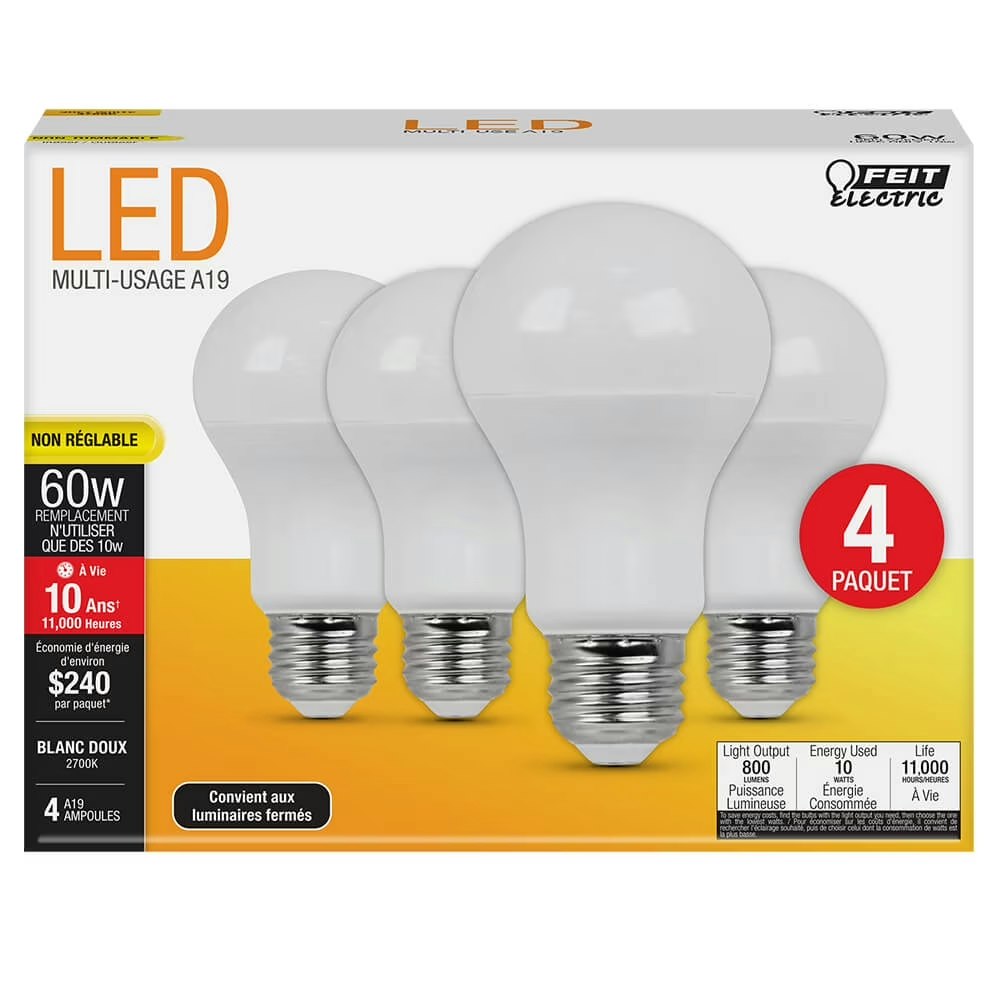 Feit Electric 60W-Equivalent A19 LED Light Bulb 4-Pack: $6.13 Feit Electric 60W-Equivalent A19 LED Light Bulb 4-Pack: $6.13